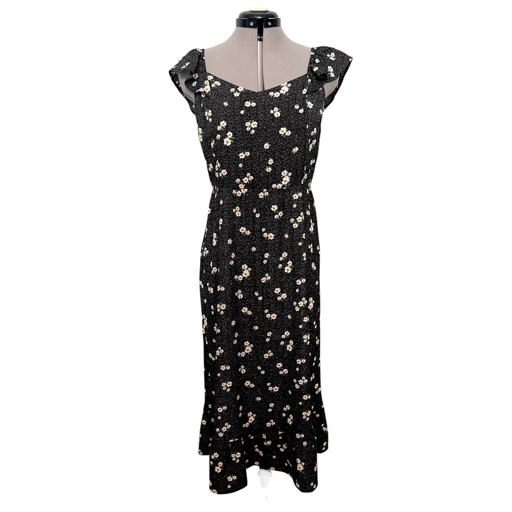Monteau Los Angeles NWT Black Floral Midi Dress Micro Polka Dots Open Back Bow